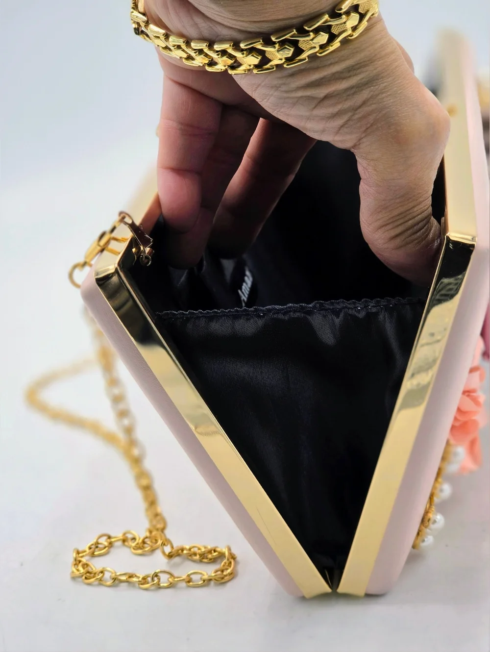 Amaze Floral 3D Embellished Box Clutch - Blush Pink & Gold